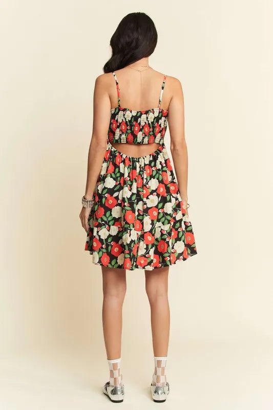 Davi & Dani - Black Floral Cutout Back Mini Dress