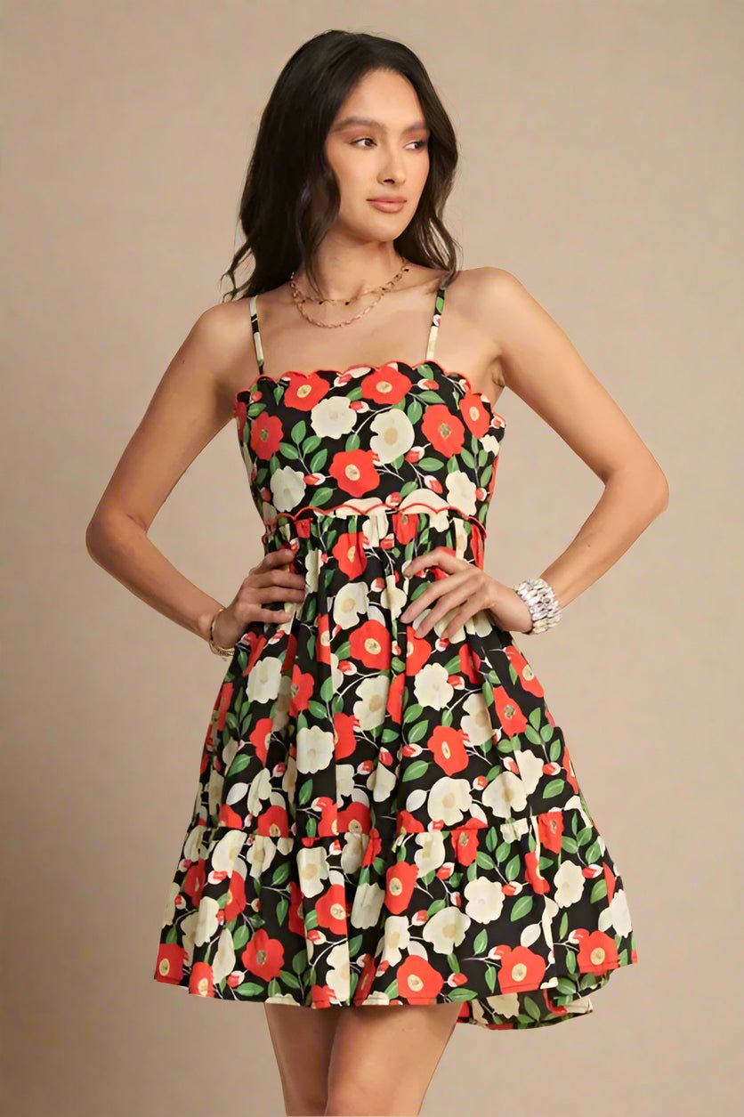 Davi & Dani - Black Floral Cutout Back Mini Dress