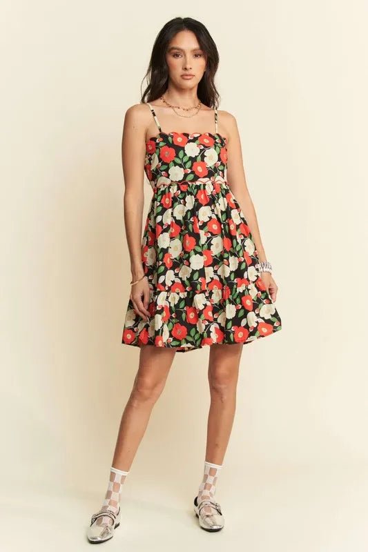 Davi & Dani - Black Floral Cutout Back Mini Dress
