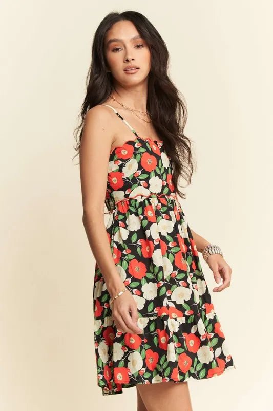 Davi & Dani - Black Floral Cutout Back Mini Dress