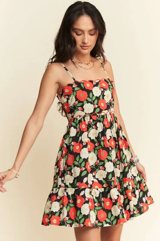 Davi & Dani - Black Floral Cutout Back Mini Dress