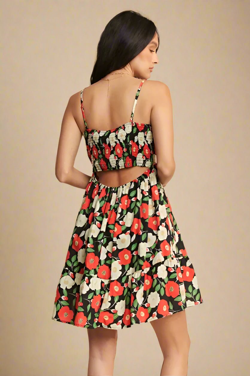 Davi & Dani - Black Floral Cutout Back Mini Dress
