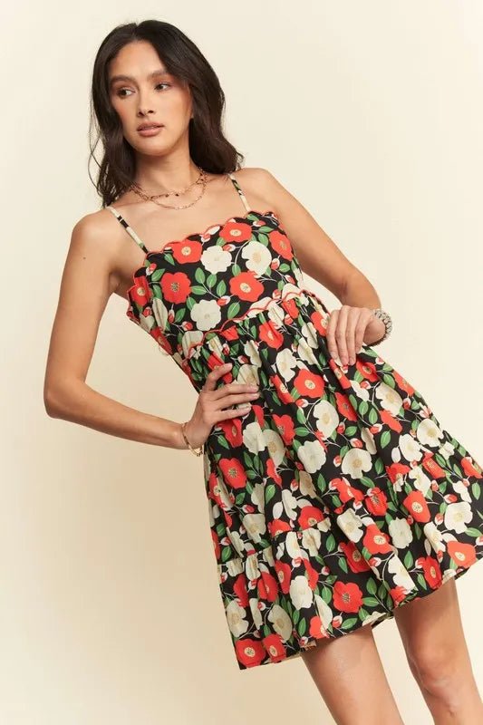 Davi & Dani - Black Floral Cutout Back Mini Dress