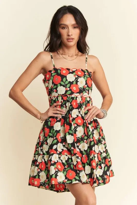 Davi & Dani - Black Floral Cutout Back Mini Dress