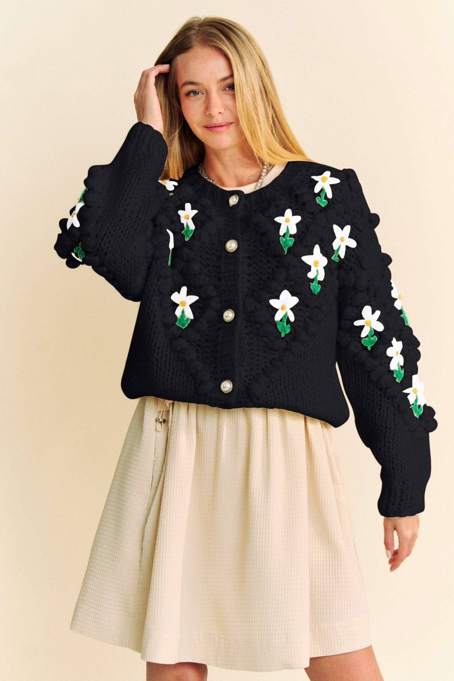 Davi & Dani - Black Floral Pattern Button Down Cardigan