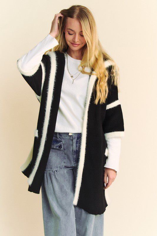 Davi & Dani - Black Fuzzy Trim Loose Fit Cardigan