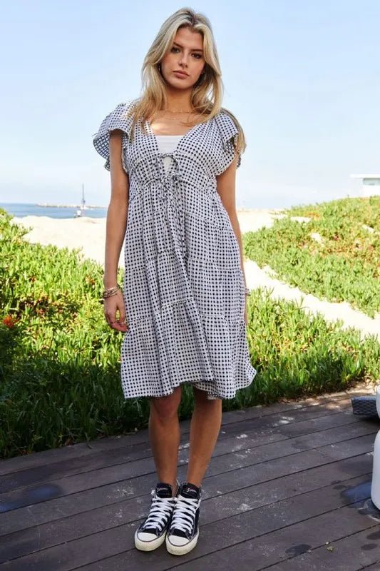 Davi & Dani - Black Gingham Tie - Front Tiered Midi Dress