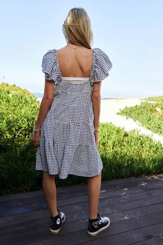 Davi & Dani - Black Gingham Tie - Front Tiered Midi Dress