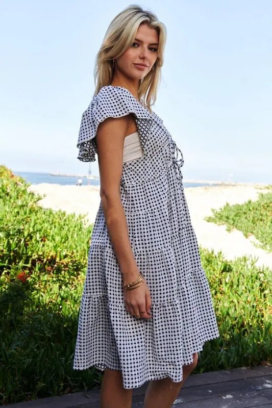 Davi & Dani - Black Gingham Tie - Front Tiered Midi Dress