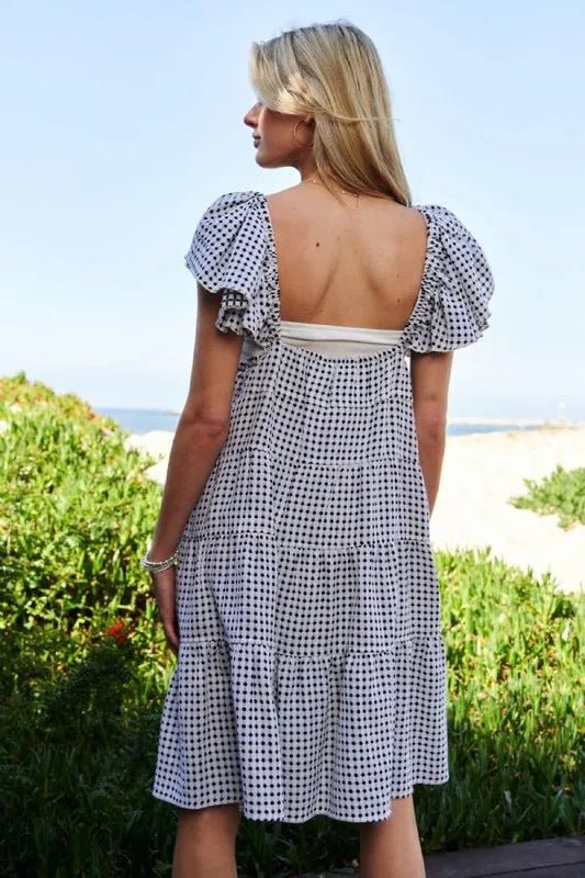 Davi & Dani - Black Gingham Tie - Front Tiered Midi Dress