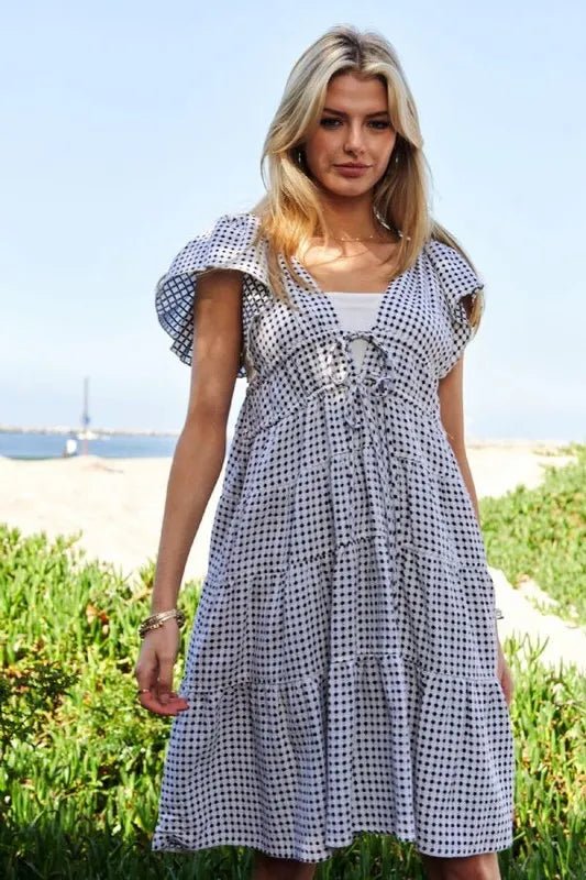 Davi & Dani - Black Gingham Tie - Front Tiered Midi Dress