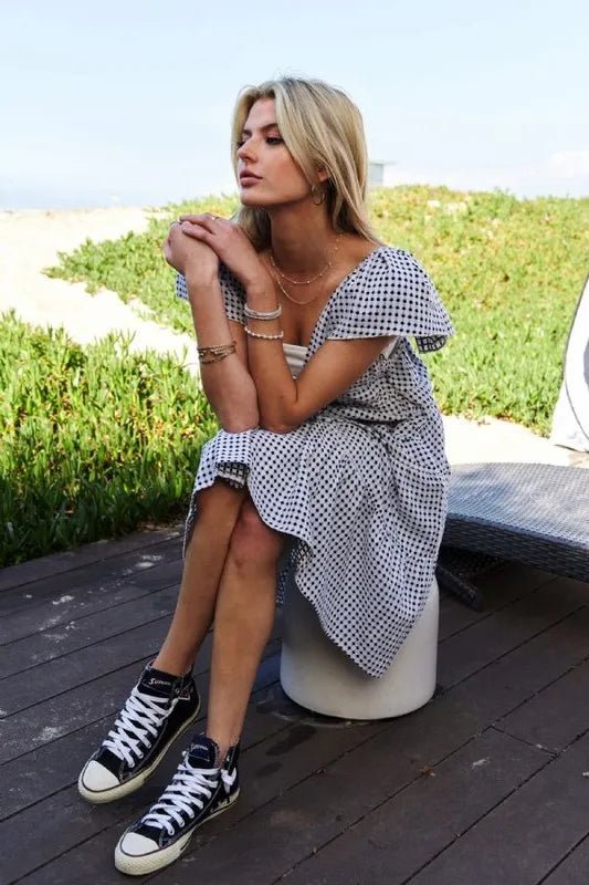 Davi & Dani - Black Gingham Tie - Front Tiered Midi Dress