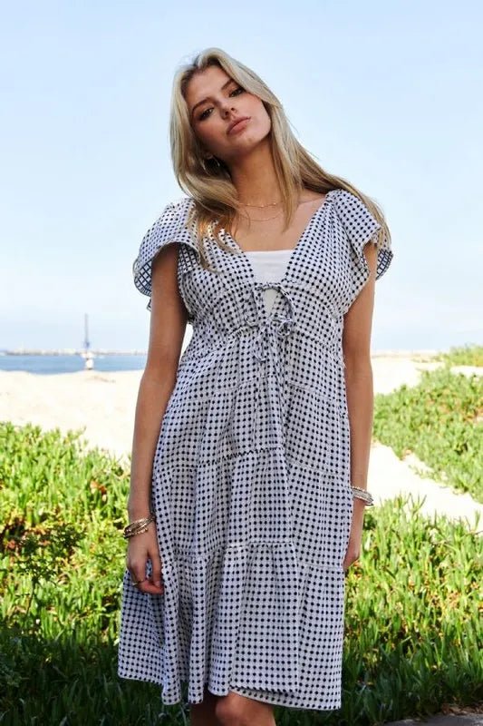 Davi & Dani - Black Gingham Tie - Front Tiered Midi Dress