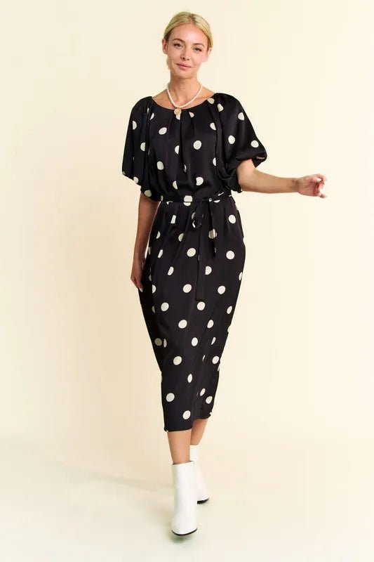 Davi & Dani - Black & Ivory Polka Dot Puff Sleeve Midi Dress