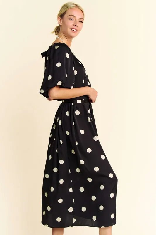 Davi & Dani - Black & Ivory Polka Dot Puff Sleeve Midi Dress