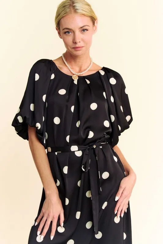 Davi & Dani - Black & Ivory Polka Dot Puff Sleeve Midi Dress