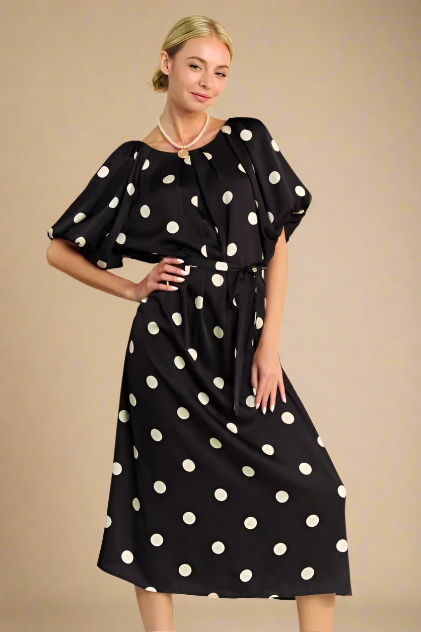 Davi & Dani - Black & Ivory Polka Dot Puff Sleeve Midi Dress