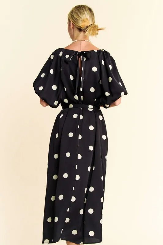 Davi & Dani - Black & Ivory Polka Dot Puff Sleeve Midi Dress