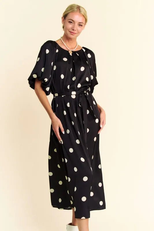 Davi & Dani - Black & Ivory Polka Dot Puff Sleeve Midi Dress