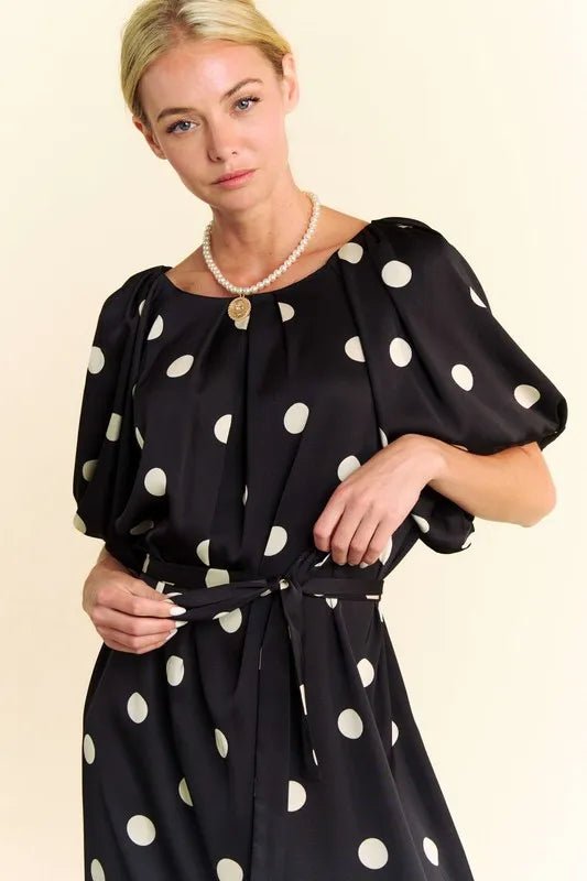Davi & Dani - Black & Ivory Polka Dot Puff Sleeve Midi Dress