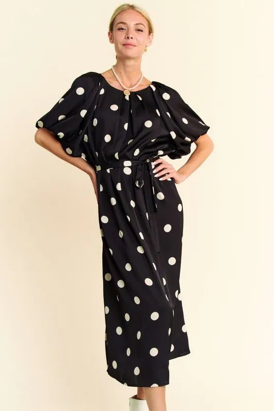 Davi & Dani - Black & Ivory Polka Dot Puff Sleeve Midi Dress