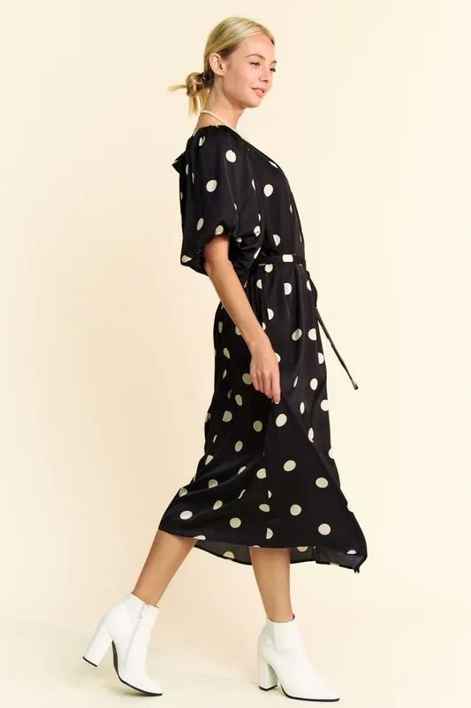 Davi & Dani - Black & Ivory Polka Dot Puff Sleeve Midi Dress