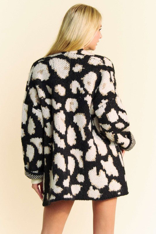 Davi & Dani - Black Leopard Open Front Long Sleeve Cardigan