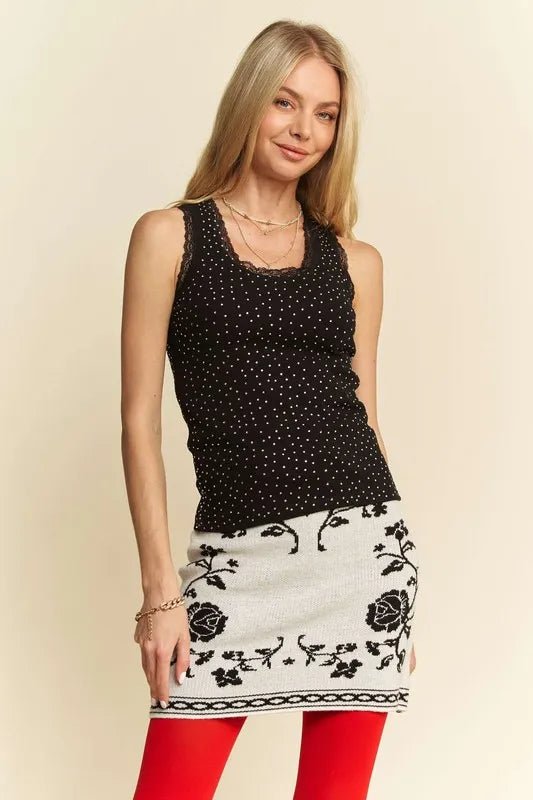 Davi & Dani - Black Rhinestone Lace Trim Tank Top
