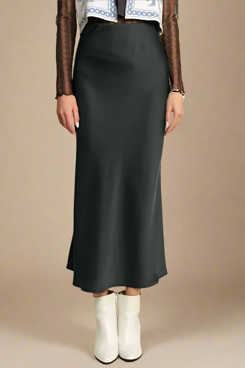 Davi & Dani - Black Satin Bias Midi Skirt