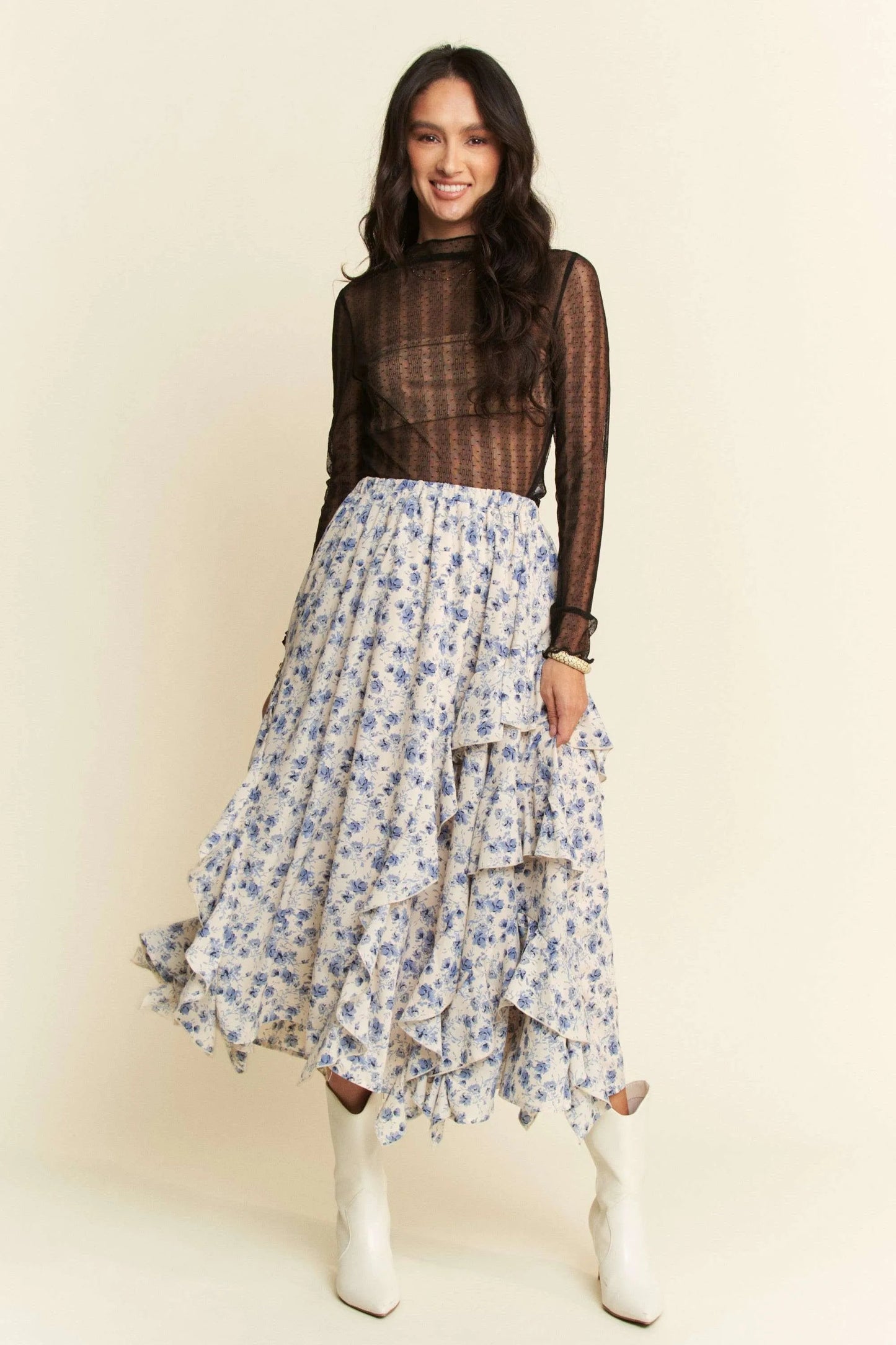 Davi & Dani - Black Sheer Mock Neck Long Sleeve Top