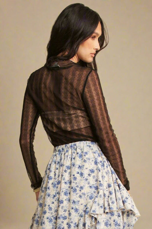 Davi & Dani - Black Sheer Mock Neck Long Sleeve Top