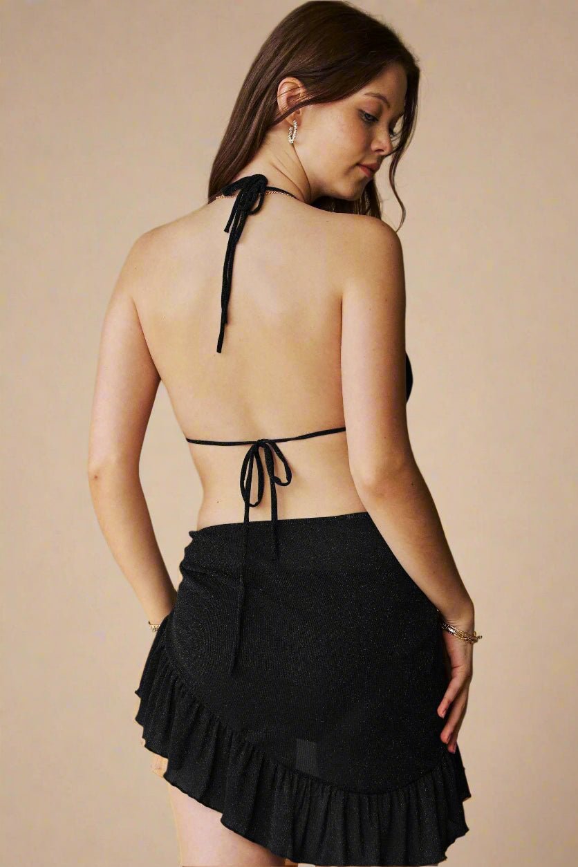 Davi & Dani - Black Shimmer 3 - Piece Bikini Set with Ruffle Sarong
