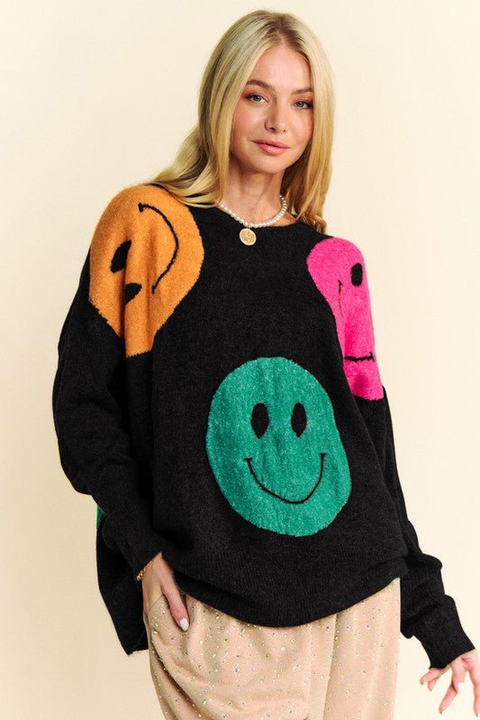 Davi & Dani - Black Smiley Face Oversized Sweater