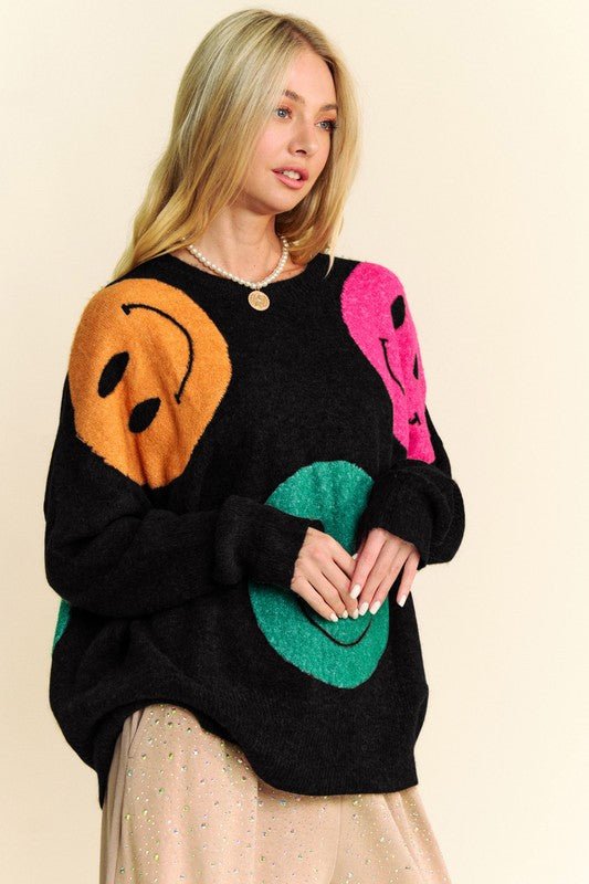 Davi & Dani - Black Smiley Face Oversized Sweater