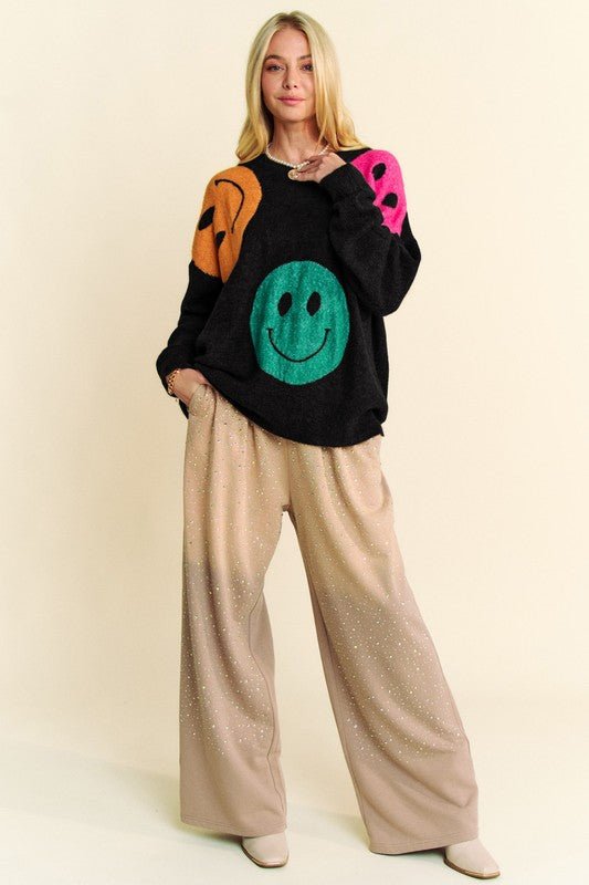 Davi & Dani - Black Smiley Face Oversized Sweater