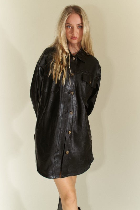 Davi & Dani - Black Vegan Leather Button Up Jacket