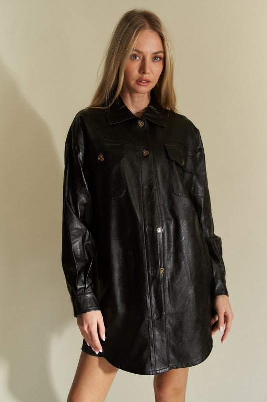 Davi & Dani - Black Vegan Leather Button Up Jacket