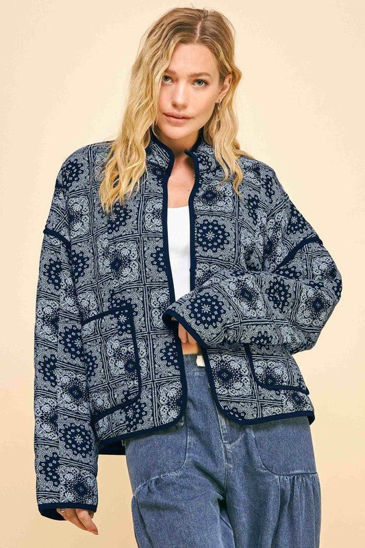 Davi & Dani - Black Vintage Print Open Front Jacket