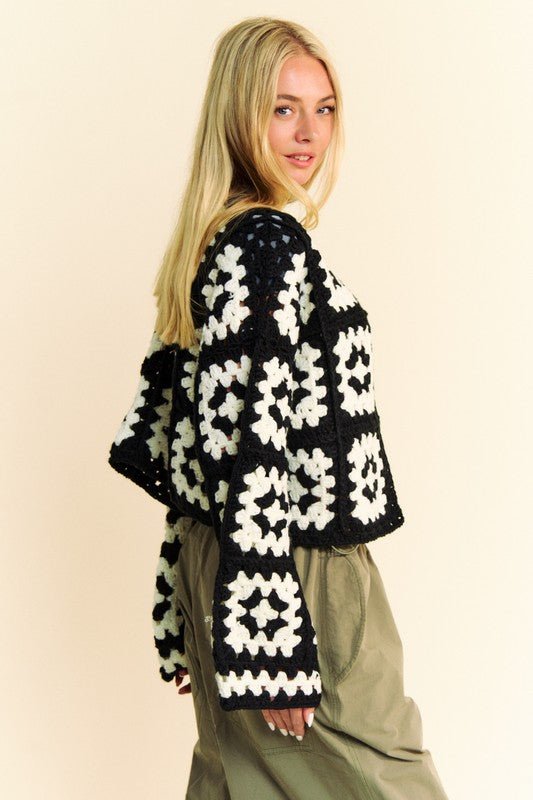 Davi & Dani - Black & White Granny Square Crocheted Cardigan