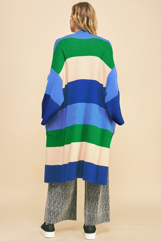 Davi & Dani - Blue Color Block Kimono Sleeve Longline Cardigan