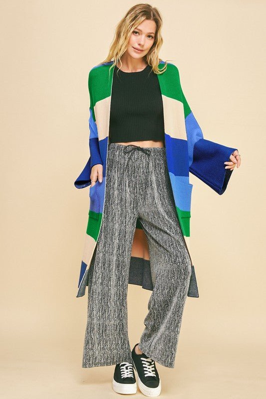 Davi & Dani - Blue Color Block Kimono Sleeve Longline Cardigan