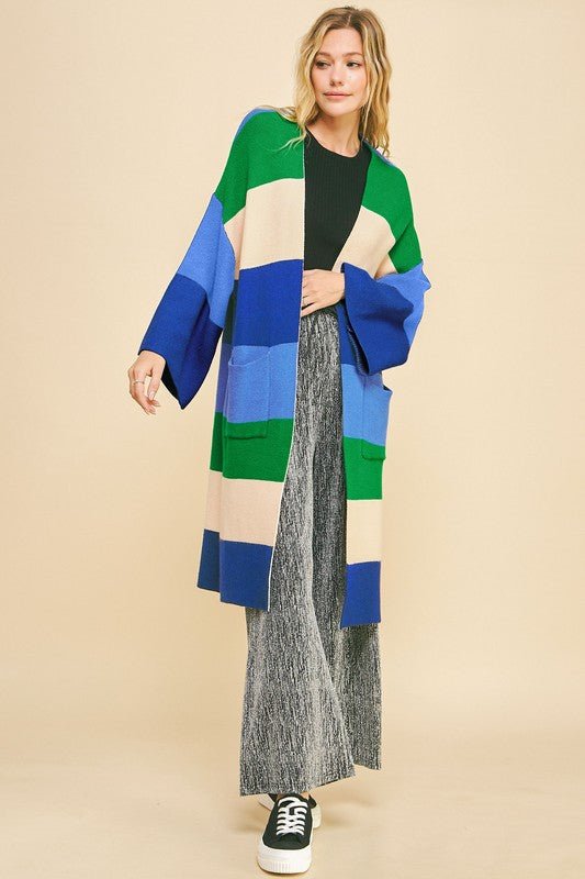 Davi & Dani - Blue Color Block Kimono Sleeve Longline Cardigan