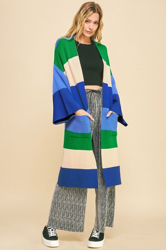 Davi & Dani - Blue Color Block Kimono Sleeve Longline Cardigan