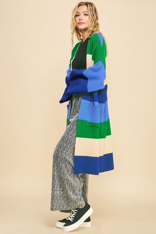 Davi & Dani - Blue Color Block Kimono Sleeve Longline Cardigan