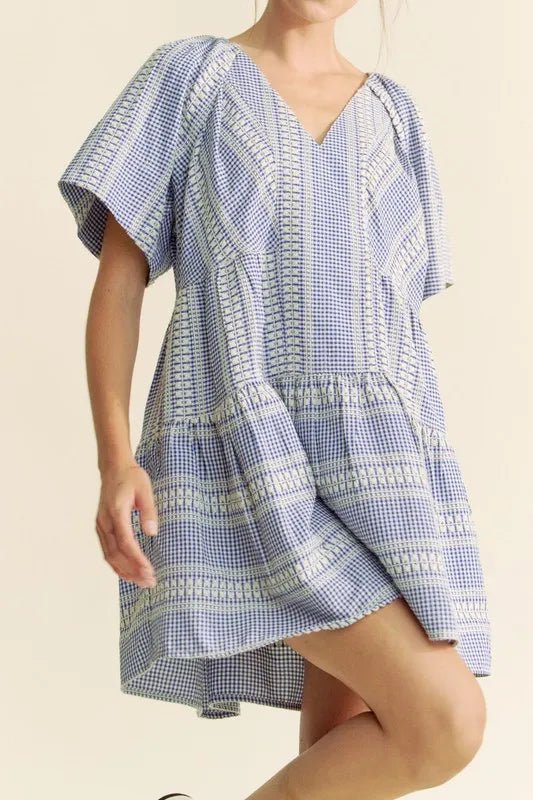 Davi & Dani - Blue Gingham Embroidered Mini Dress