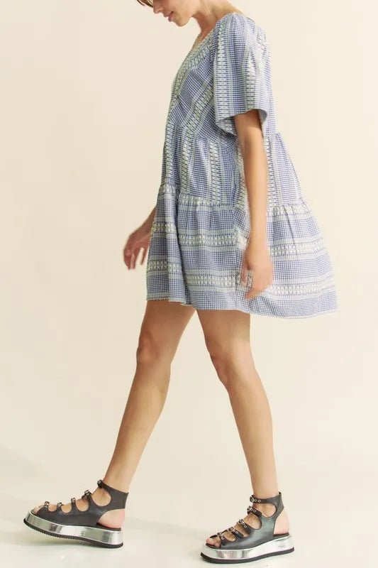 Davi & Dani - Blue Gingham Embroidered Mini Dress