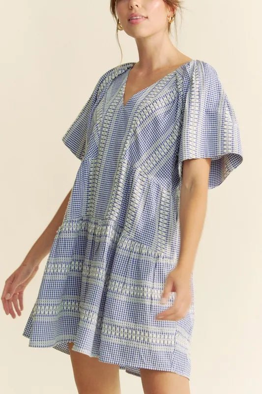 Davi & Dani - Blue Gingham Embroidered Mini Dress