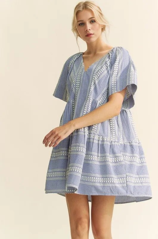 Davi & Dani - Blue Gingham Embroidered Mini Dress