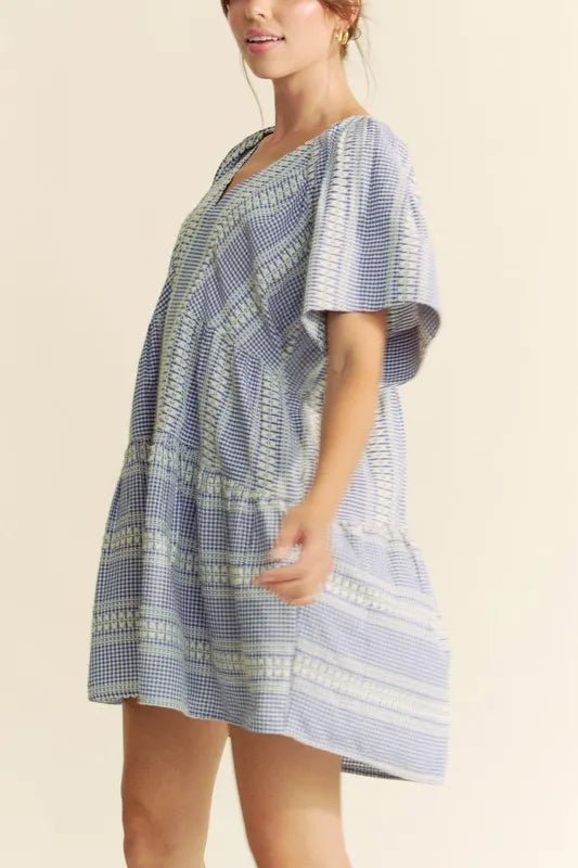 Davi & Dani - Blue Gingham Embroidered Mini Dress