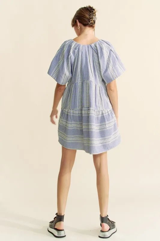 Davi & Dani - Blue Gingham Embroidered Mini Dress